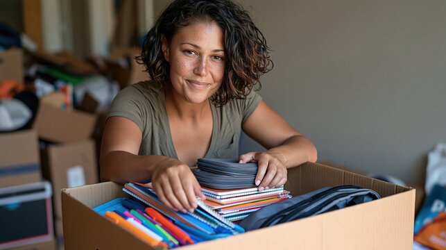 Femme souriante rangeant des fournitures scolaires dans un carton de d&eacute;m&eacute;nagement