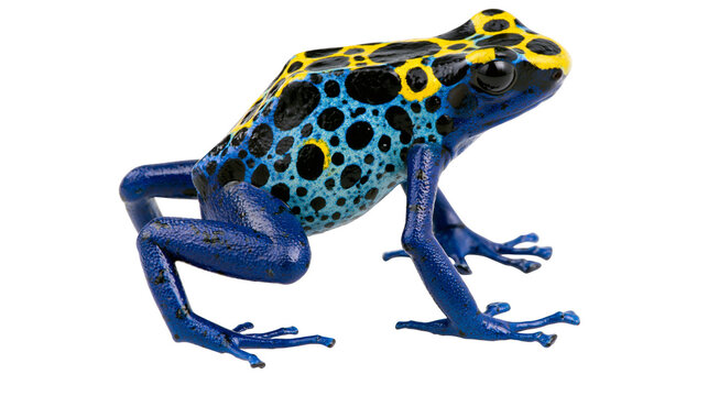 Vibrant blue poison dart frog with yellow and black spots, isolated on transparent background