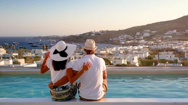 A romantic vacation couple sits by the swimming pool and enjoys the summer sunset view over the island of Mykonos, Cyclades, Greece