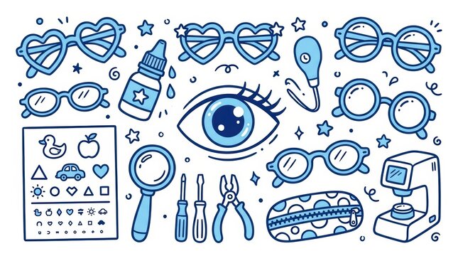 Set of optometry and ophthalmology icons, doodle style