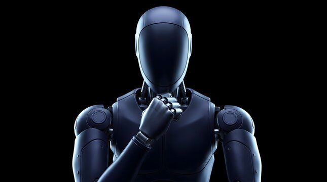 Sleek dark humanoid robot in deep contemplation thinker pose with dramatic top rim lighting on solid black background representing automation ethics and machine logic concept