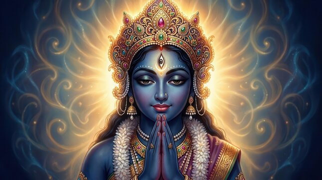 Divine blue deity portrait in meditative prayer posture with glowing halo