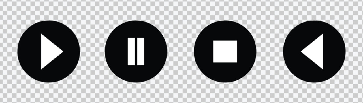 Black glyph play and pause media Player Buttons set- pause, play, stop and  backward buttons. Media Player icons in circle isolated on a transparent background. eps10