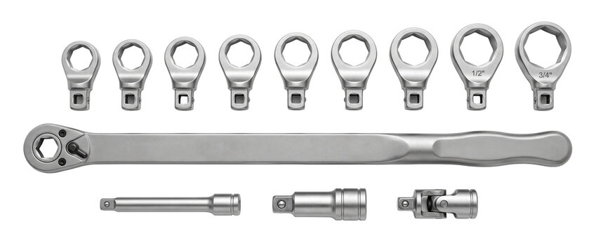 Ratchet socket wrench tool set arranged on black background for auto repair maintenance mechanic professional hardware chrome steel hand tools equipment isolated flat lay engineering collection