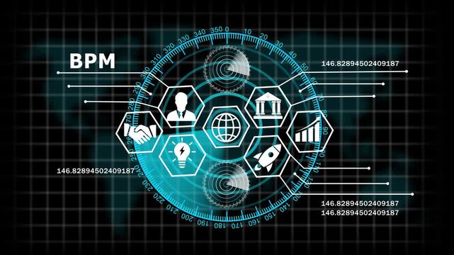 Advanced business process management bpm digital interface featuring dynamic hud radar global network connectivity data analytics visualization, and futuristic corporate strategy hud