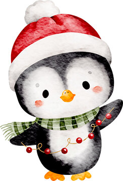 Cute Christmas Penguin Watercolor Illustration