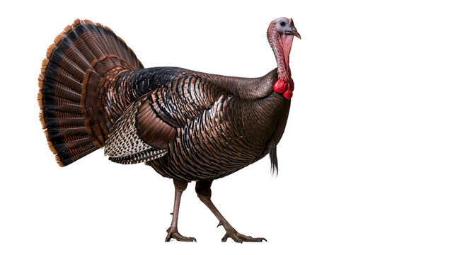 Male wild turkey with fanned tail feathers, isolated on transparent background
