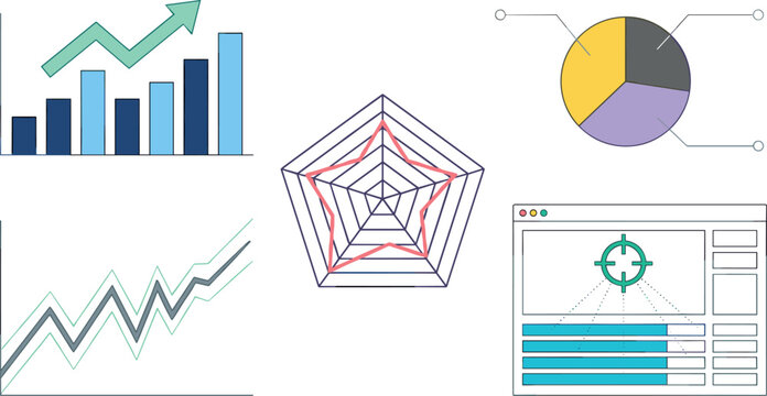 Business Data Visualization and Analytics Dashboard Icon Set Featuring Financial Growth Charts, Radar Performance Webs, Pie Diagrams, and Target Goal Optimization Vectors