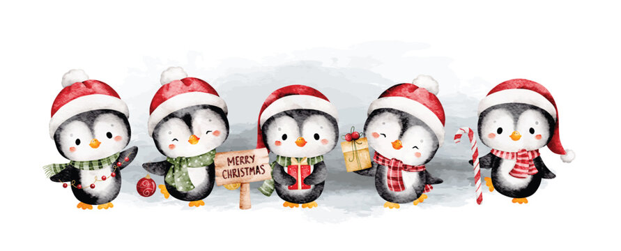 Watercolor Illustration Set of Christmas Penguins