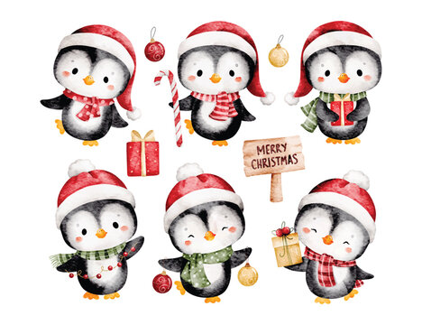 Watercolor Illustration Set of Christmas Penguins and Christmas Ornaments