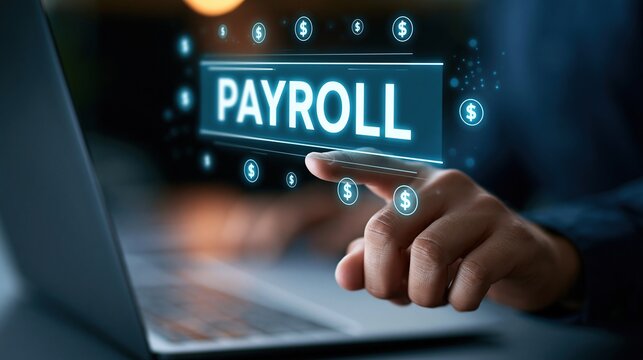 Businessman Touching Digital Payroll Button on Screen for Financial Management and Business Operations