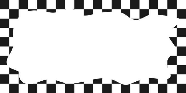 Black and white checkered racing border frame with a wavy organic white copy space in the center, ideal for motorsport banners and finish line poster design