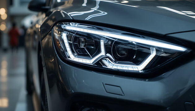 Modern luxury car headlights illuminated with futuristic LED daytime running lights design