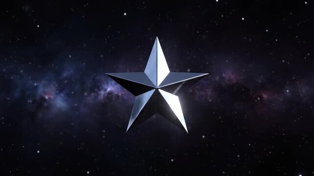Shining metallic star in deep space background, cinematic 3 d animation with lens flare and glowing light effects for motion