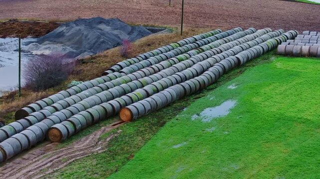 Wrapped silage bales form long rows beside wet farmland and vivid green pasture