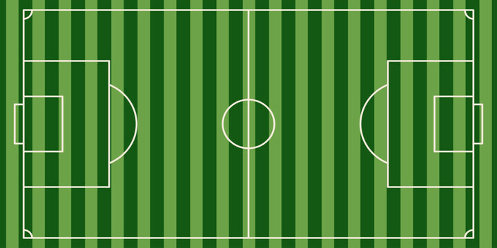Top down soccer pitch with alternating light and dark mowed grass stripes and standard white pitch markings, ideal for match tactics boards and sports presentation templates