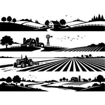 Vintage farm landscape silhouettes, rustic countryside farm scenes with tractor and barn, black and white rural agriculture vector set