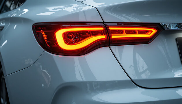 Modern LED car tail light glowing with orange and red neon strips on silver vehicle rear