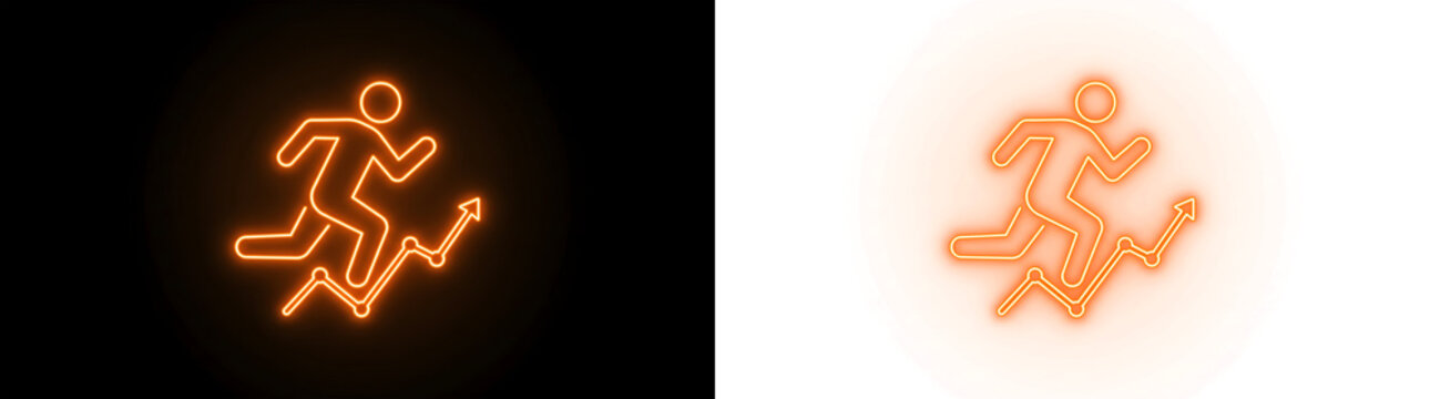 Glowing Neon Orange Running Person Icon with Growth Chart Progress Success Concept