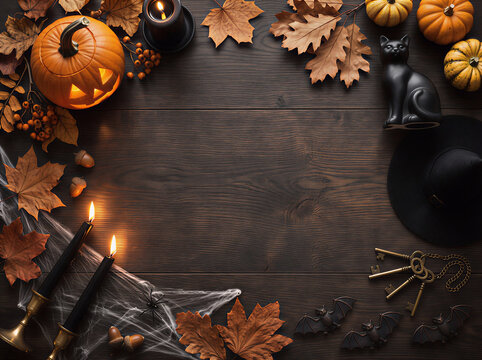 Moody Halloween background featuring pumpkins, spider web details, autumn leaves, dark wood texture, and generous space for seasonal copy