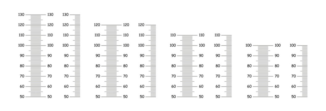 Set of Height charts layouts from 50 to 100, 110, 120, 130 centimeters. Growth wall sticker icons. Meter wall, growth black rulers.