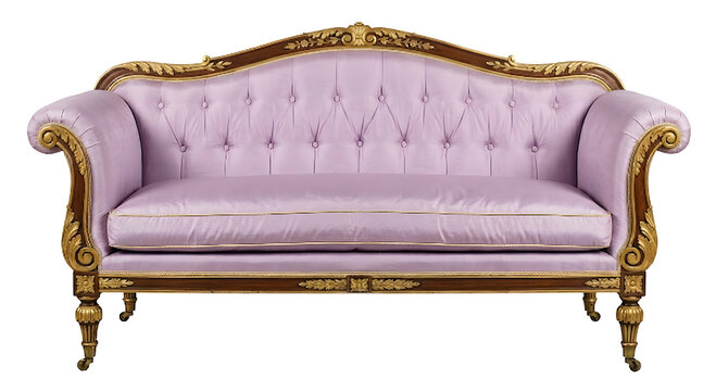 Luxurious light purple tufted vintage sofa with gold trim