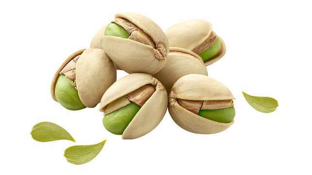 Heap of shelled pistachios with green kernels and shells, isolated on transparent background