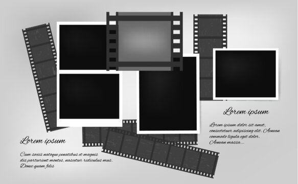 Photo frame collage template with vintage paper elements and retro film tape. Isolated white mockup with abstract album layout for photography presentation displays in gallery style.