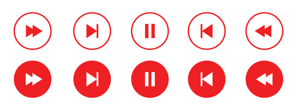 Set of red audio player buttons with pause, next, forward reverse, fast rewind and fast forward icons in circles. Glyph and stroke play and pause icon. Vector illustration.