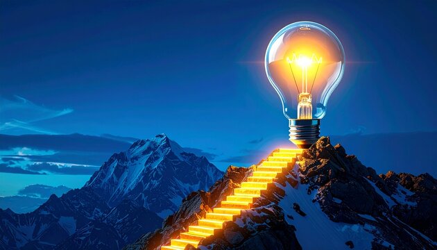 Idea ascends mountain peak as glowing path. Represents innovation growth and new concept realization. Bright lightbulb symbolizes success and creative thought leading to achievement. concept