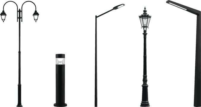 Modern and traditional street light pole silhouettes set vector design