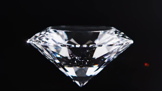 Sparkling diamond gemstone rotating with light refraction and prism rainbow flares on black background