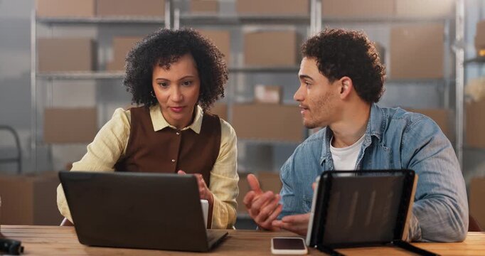 Small business, advice or team on laptop for logistics training, order processing or route planning. Explain, new hire and woman with tech for stock levels, delivery scheduling and system integration