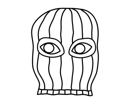 Hand drawn outline illustration of character with balaclava and eyes. Flat vector line art spying anonymity person doodle. Hidden identity icon. Face covered thief sticker. Isolated.