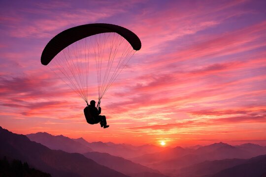 paraglider silhouette at sunset with copy space. dramatic silhouette of a paraglider soaring through a vivid pink and purple sunset sky above misty mountain peaks.