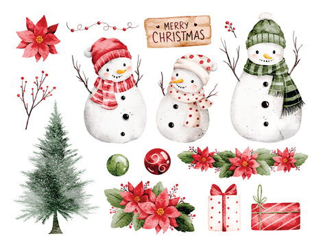 Watercolor Illustration Set of Snowman and Christmas Ornaments