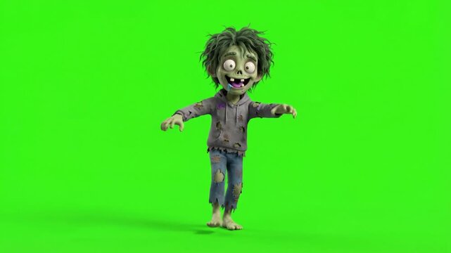 Cute cartoon zombie walking on a green screen background