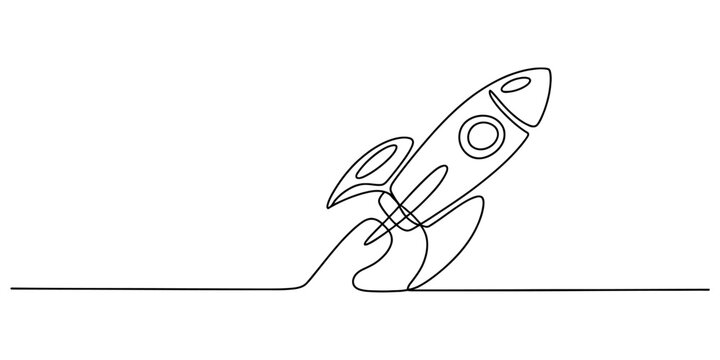 Continuous single line drawing of a space rocket launching into the sky Vector, illustration