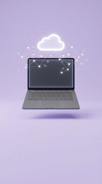 3D matte gray laptop with floating cloud icon and connection dots, minimal cloud computing concept on lavender background