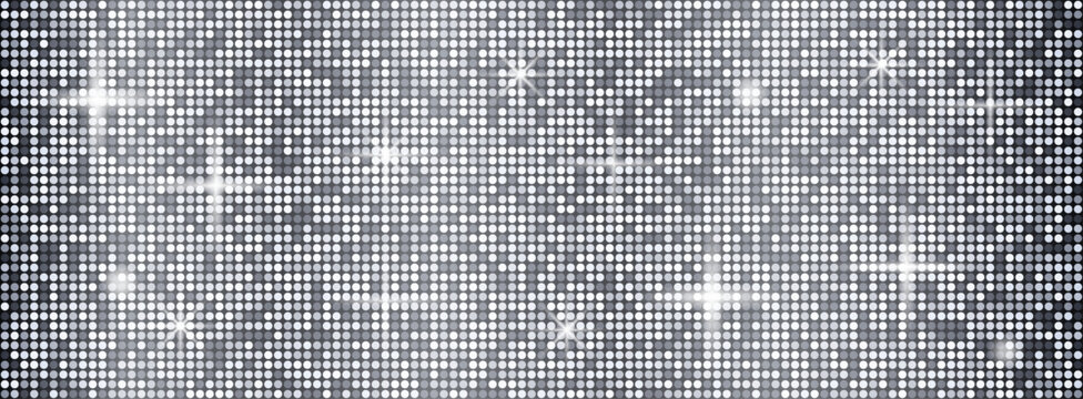 Silver sequin texture background. Metallic disco ball mosaic pattern. Sparkling tile bg with sparkle lights.