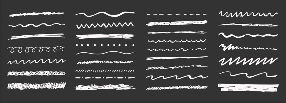 Underline crayon, chalk texture doodles highlight strokes on blackboard. Scribble collection. Scrawl separator line divider hand drawn squiggle border set. Straight, wavy and zigzag underlines