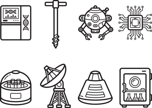 Futuristic science technology icons set, DNA, robot, microchip, satellite, rocket, experiment, lab equipment, black line vector illustration