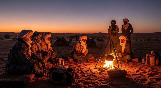 People gathered by campfire in dark desert night