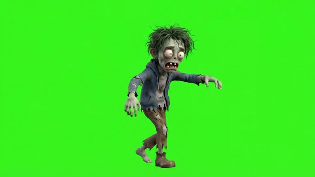 Cartoon zombie character walking on a green screen background