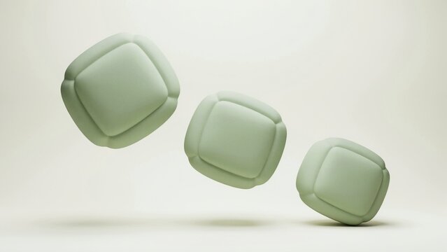 Floating light green rounded cube shapes on beige background with floating levitation abstract