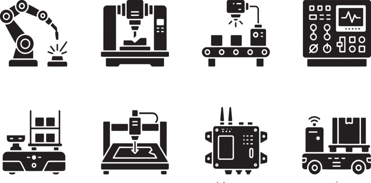 Industrial automation icons set, factory machinery vector package, robotic arm, cnc machine, smart production control systems, logistics truck, manufacturing technology symbols for business