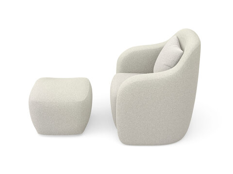 Side view of boucle armchair with ottoman