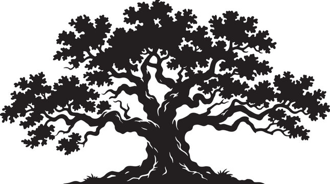 Classic oak tree silhouette illustration, vector symbol with branches, leaves and roots design, black and white graphic for logos