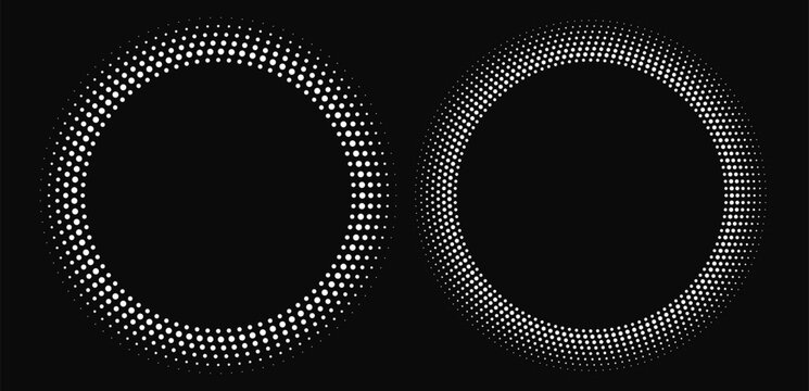 White halftone frames, retro circle borders, round pattern with dots, radial disco luxury design element. Vector illustration.