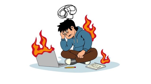 Retro cartoon illustration of a stressed man sitting cross-legged in front of a burning laptop experiencing work burnout, overthinking, and severe deadline fatigue
